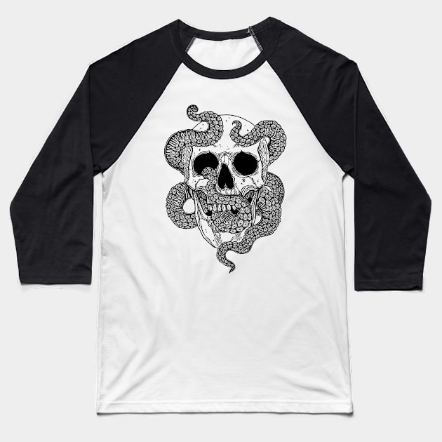 Octopus Tentacles Skull Baseball T-Shirt by OccultOmaStore